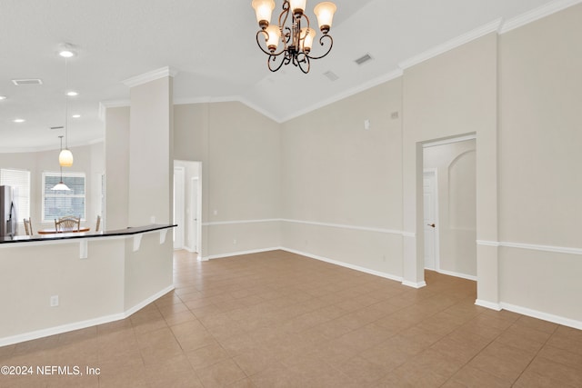 interior space with stainless steel fridge, decorative light fixtures, an inviting chandelier, and ornamental molding