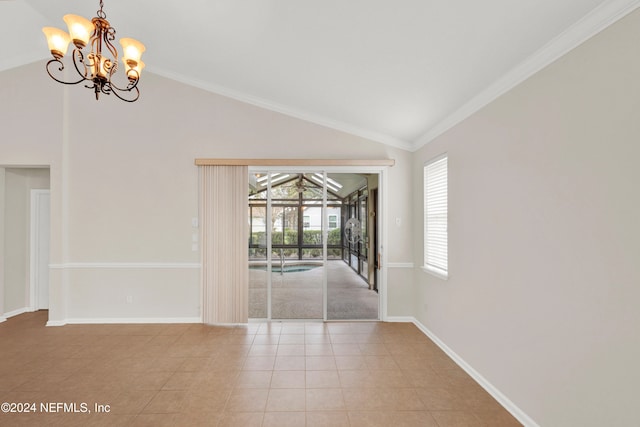 tiled spare room featuring crown molding, high vaulted ceiling, and an inviting chandelier