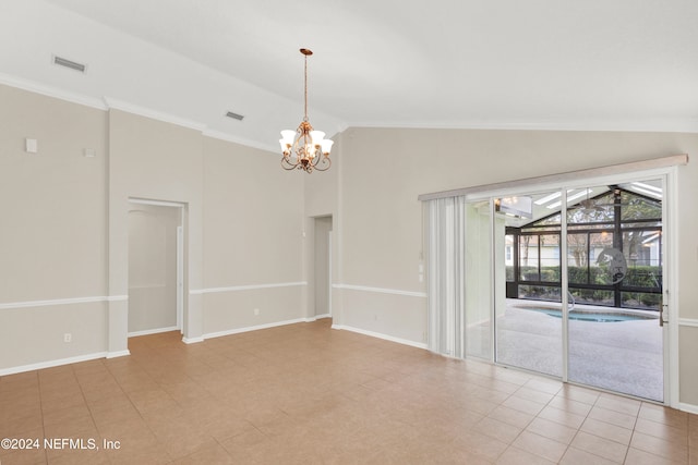 tiled spare room with high vaulted ceiling, a notable chandelier, and ornamental molding