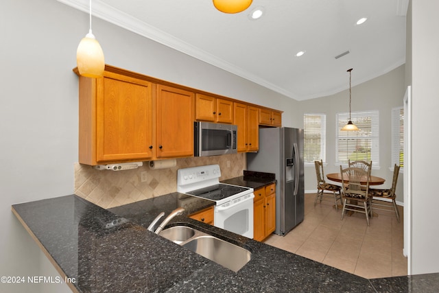 kitchen featuring sink, hanging light fixtures, stainless steel appliances, vaulted ceiling, and ornamental molding