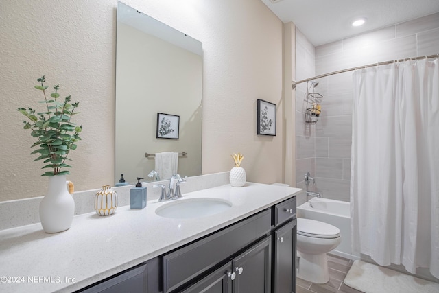 full bathroom featuring vanity, hardwood / wood-style flooring, toilet, and shower / bathtub combination with curtain