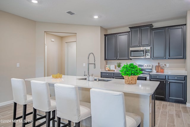 kitchen featuring light hardwood / wood-style flooring, sink, stainless steel appliances, and an island with sink