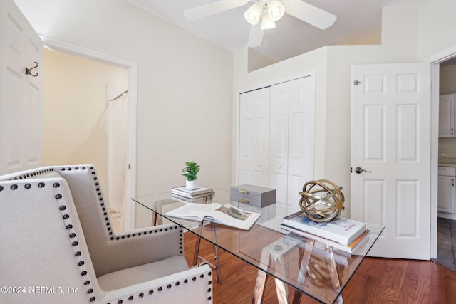 office area featuring ceiling fan and dark wood-type flooring