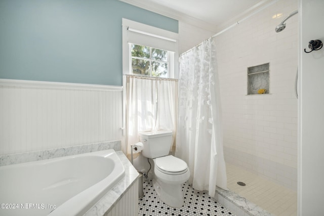 bathroom featuring toilet, ornamental molding, tile patterned floors, and independent shower and bath