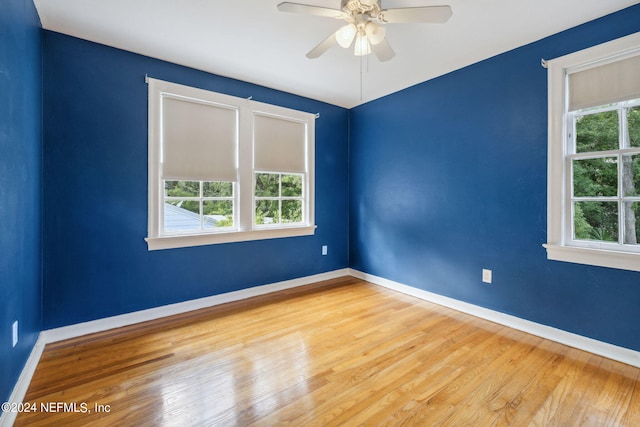 spare room with ceiling fan and light wood-type flooring