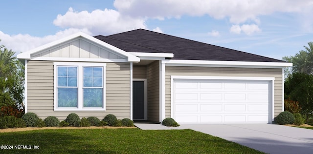 ranch-style home featuring a garage, a shingled roof, driveway, board and batten siding, and a front yard