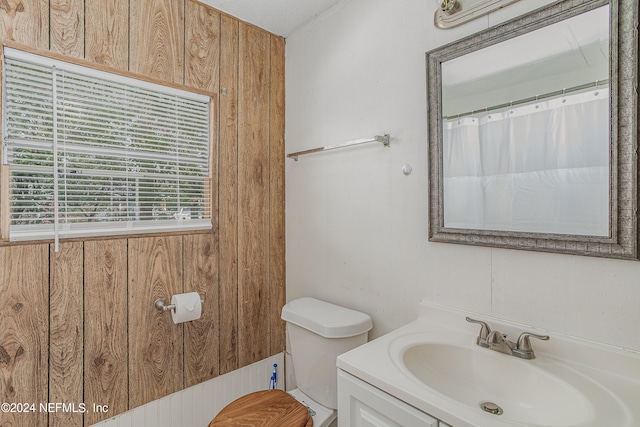 bathroom featuring toilet, vanity, and wood walls