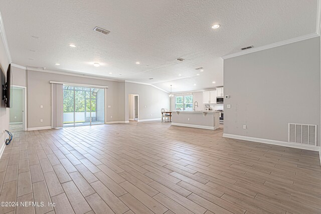 unfurnished living room featuring a healthy amount of sunlight, crown molding, and a textured ceiling