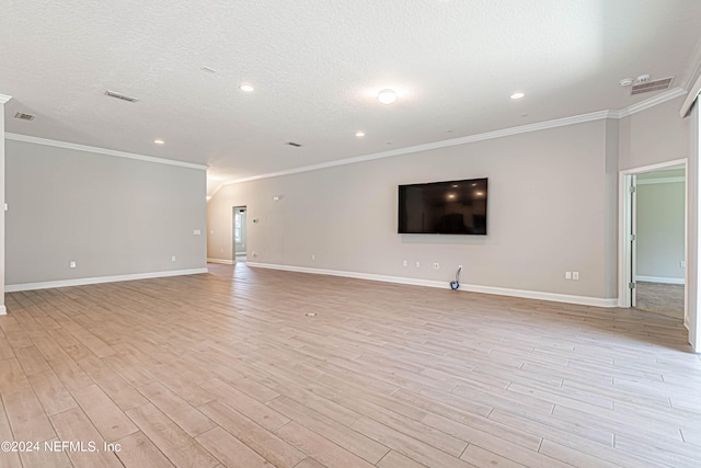 unfurnished living room with ornamental molding, a textured ceiling, and light wood-type flooring