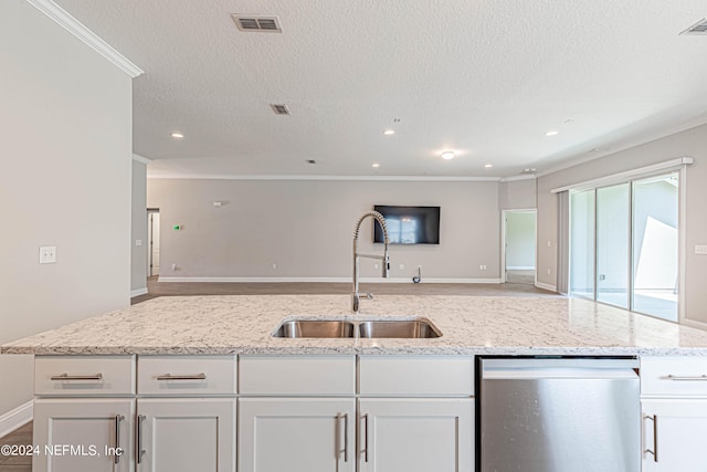 kitchen featuring white cabinets, sink, dishwasher, and light stone counters