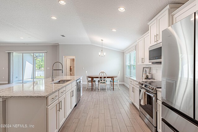 kitchen with lofted ceiling, appliances with stainless steel finishes, a healthy amount of sunlight, and sink