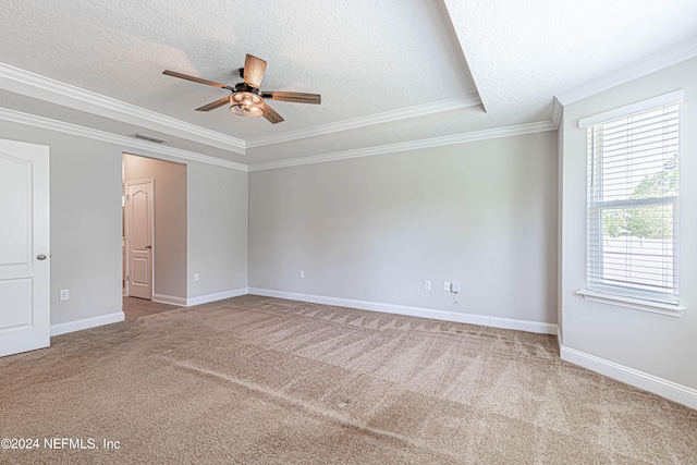 spare room featuring light carpet, ornamental molding, ceiling fan, and a raised ceiling