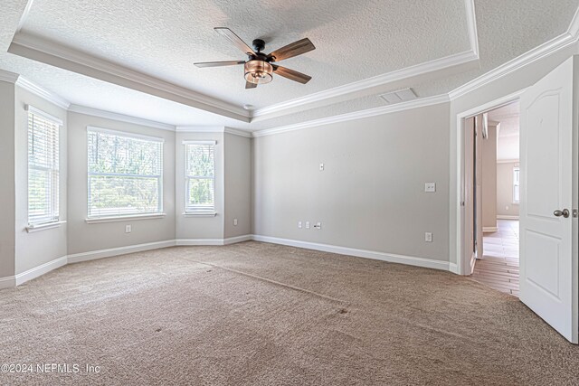 spare room with ceiling fan, a textured ceiling, a raised ceiling, crown molding, and carpet floors