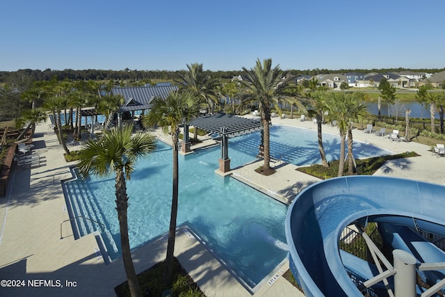 view of pool with a water view