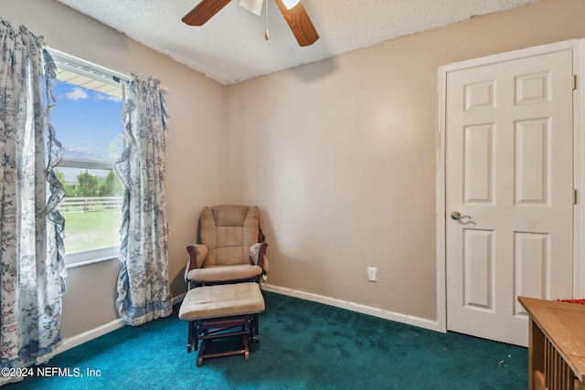 sitting room with ceiling fan, carpet flooring, and a textured ceiling