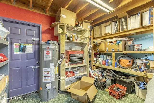 storage area featuring gas water heater