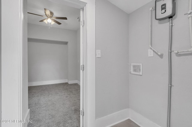 washroom featuring ceiling fan, carpet flooring, and hookup for a washing machine