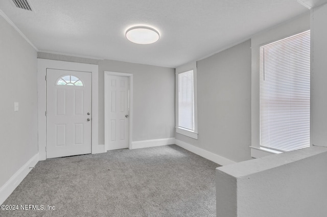 foyer with carpet, ornamental molding, and a healthy amount of sunlight