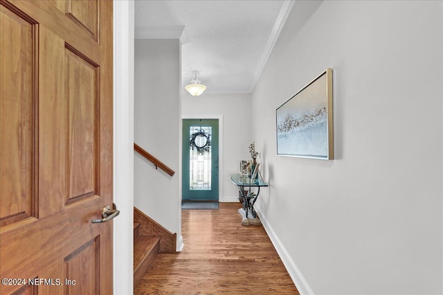 entryway featuring hardwood / wood-style flooring, a textured ceiling, and crown molding