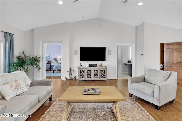 living room with lofted ceiling and hardwood / wood-style floors