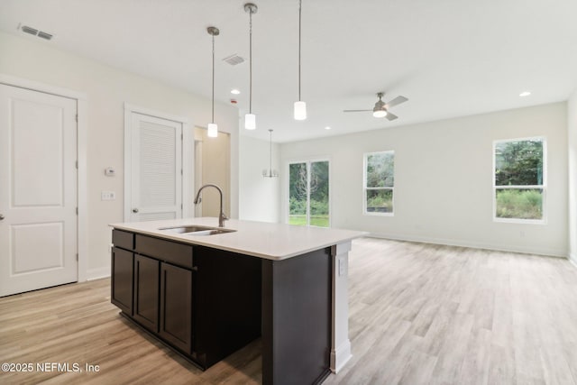 kitchen featuring pendant lighting, sink, ceiling fan, light wood-type flooring, and an island with sink