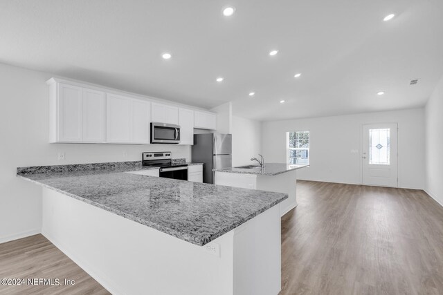 kitchen with appliances with stainless steel finishes, sink, light hardwood / wood-style floors, and kitchen peninsula