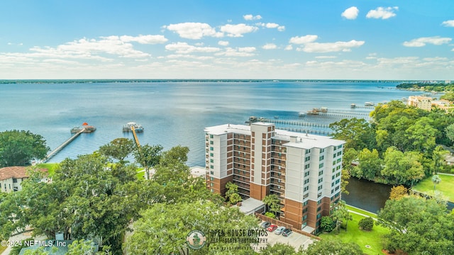 drone / aerial view featuring a water view