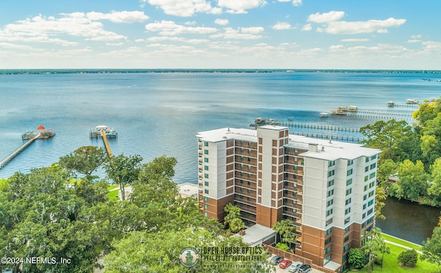 birds eye view of property featuring a water view