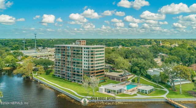 drone / aerial view with a water view