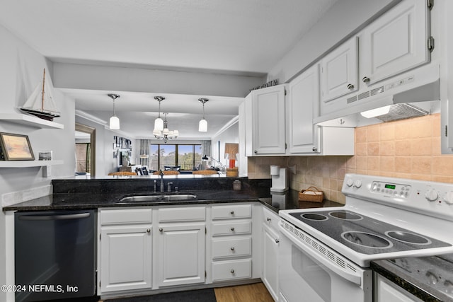 kitchen featuring white cabinets, hardwood / wood-style flooring, white range with electric stovetop, sink, and dishwasher