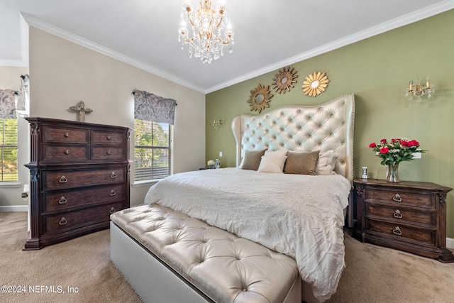 bedroom featuring light colored carpet, a notable chandelier, and ornamental molding