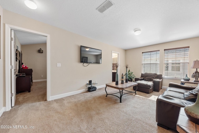 living room with carpet flooring and a textured ceiling