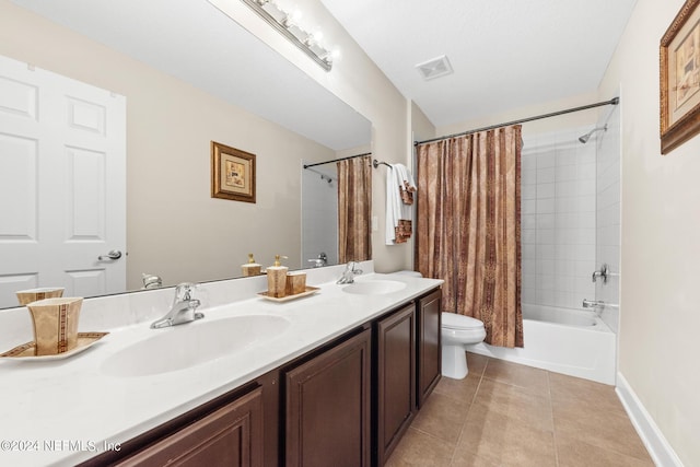 full bathroom featuring tile floors, shower / bath combination with curtain, large vanity, toilet, and dual sinks