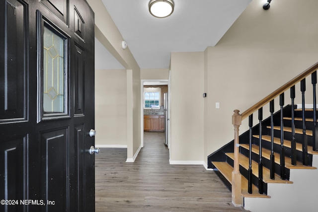 entrance foyer with hardwood / wood-style flooring and sink