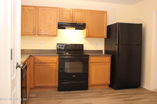 kitchen featuring light hardwood / wood-style floors and black appliances