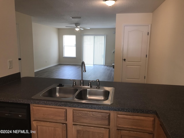 kitchen with dark countertops, black dishwasher, and a sink