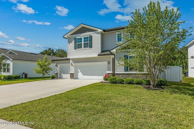 view of front facade with stone siding, concrete driveway, an attached garage, board and batten siding, and a front yard