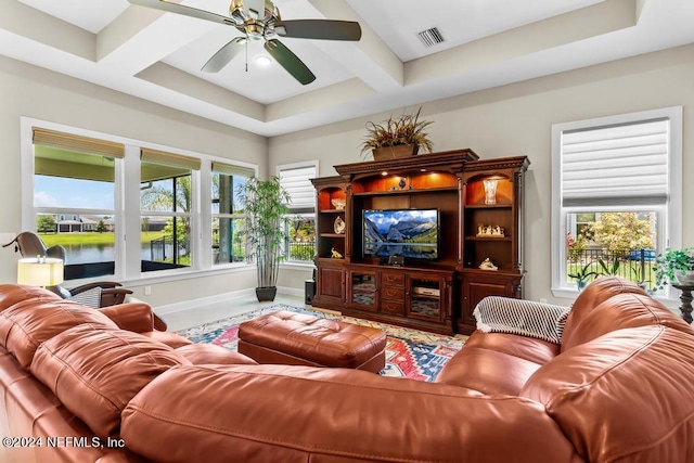 living room with coffered ceiling, ceiling fan, and a wealth of natural light