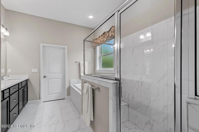 bathroom with plus walk in shower, tile flooring, and vanity