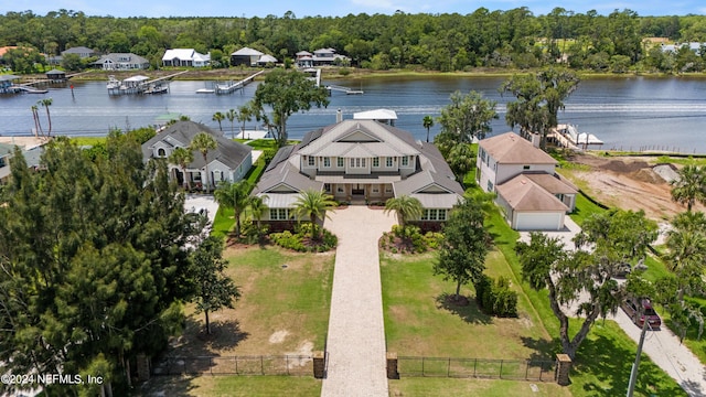 drone / aerial view with a water view