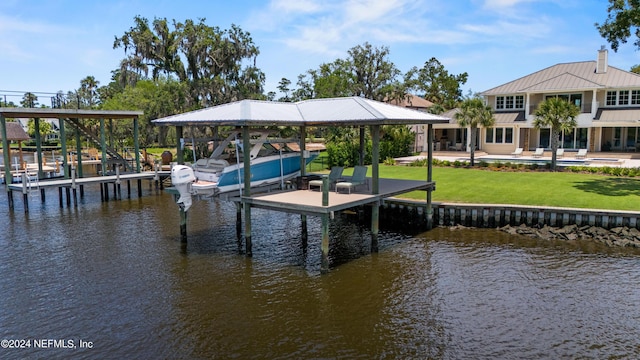 view of dock featuring a pool, a lawn, and a water view