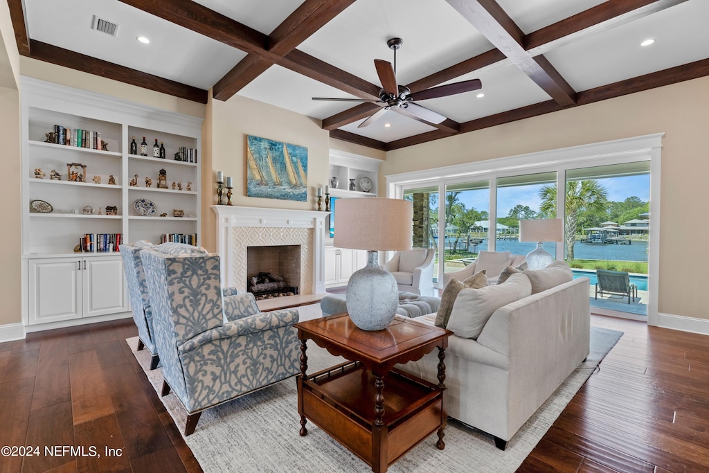 347 S Roscoe Blvd, Ponte Vedra Beach, FL 32082 - living room with beamed ceiling, coffered ceiling, and dark hardwood / wood-style flooring