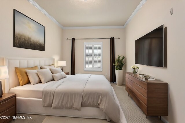 carpeted bedroom with crown molding