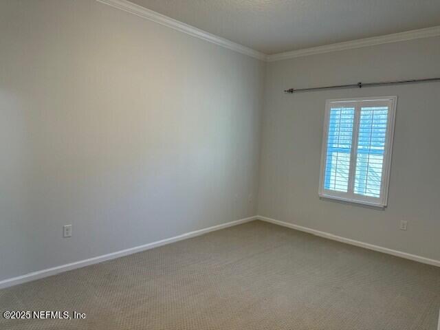 unfurnished room with carpet, crown molding, a textured ceiling, and baseboards