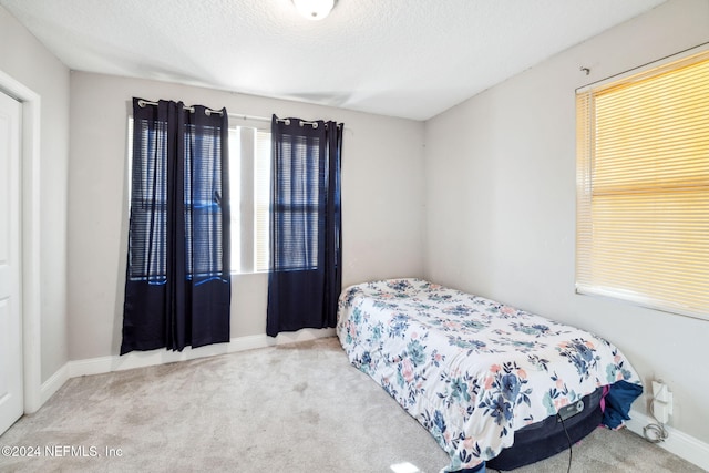 bedroom with carpet and a textured ceiling