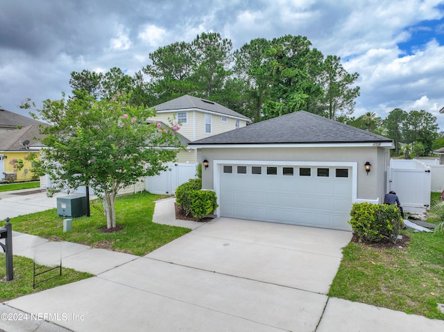 view of front of home with a front lawn and a garage