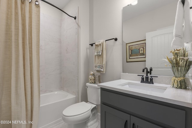 full bathroom featuring shower / bath combination with curtain, toilet, and large vanity