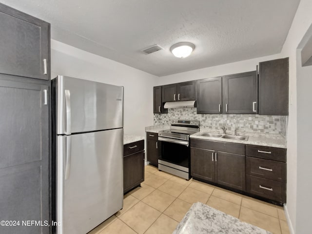 kitchen featuring stainless steel appliances, dark brown cabinets, backsplash, sink, and light tile flooring