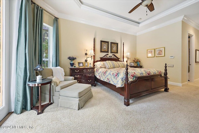 bedroom featuring carpet, ceiling fan, a tray ceiling, and crown molding