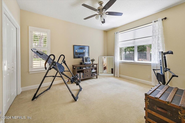 workout room featuring ceiling fan, a textured ceiling, and carpet flooring